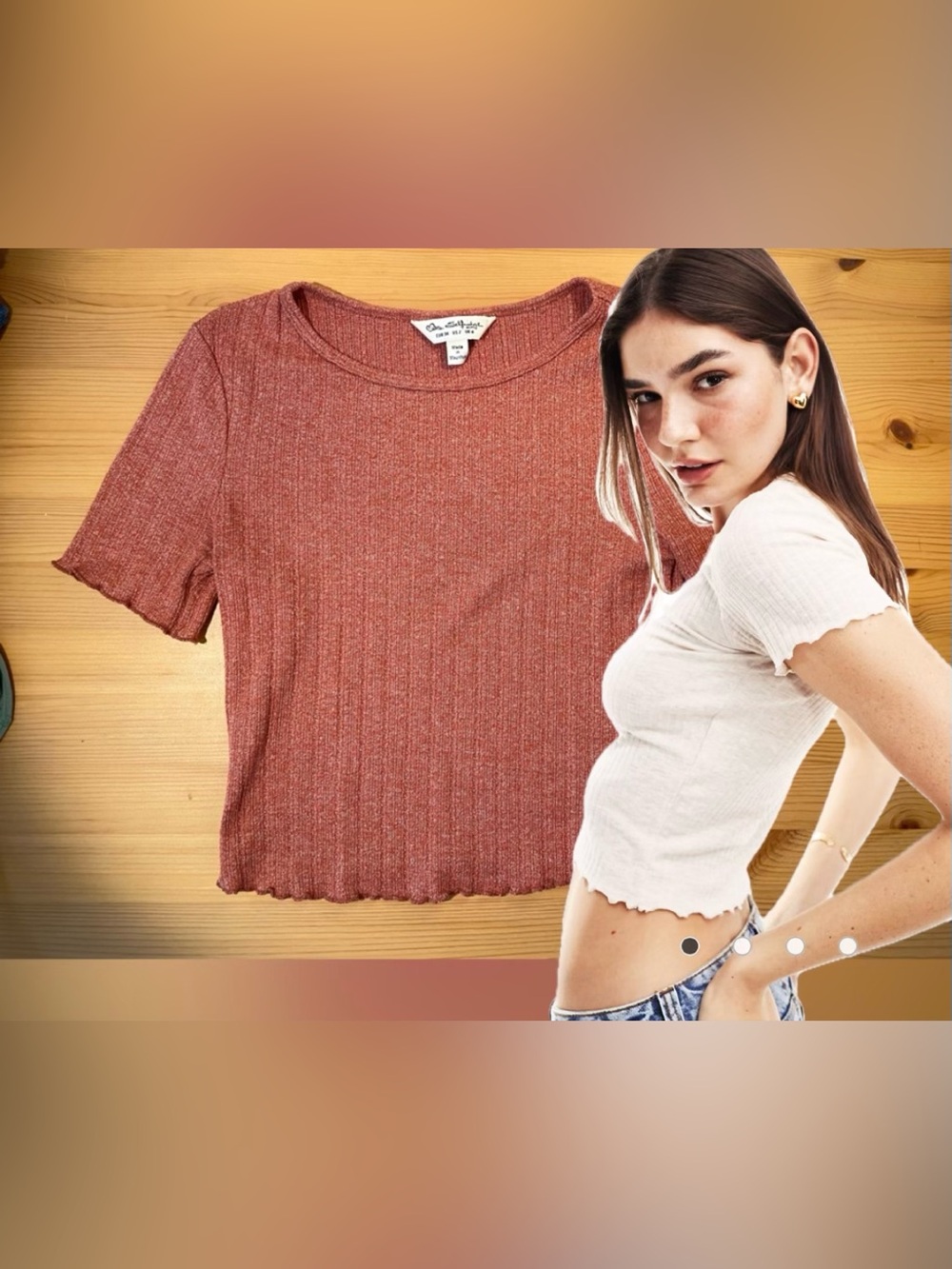 Ribbed t shirt with lettuce frill, orange rust